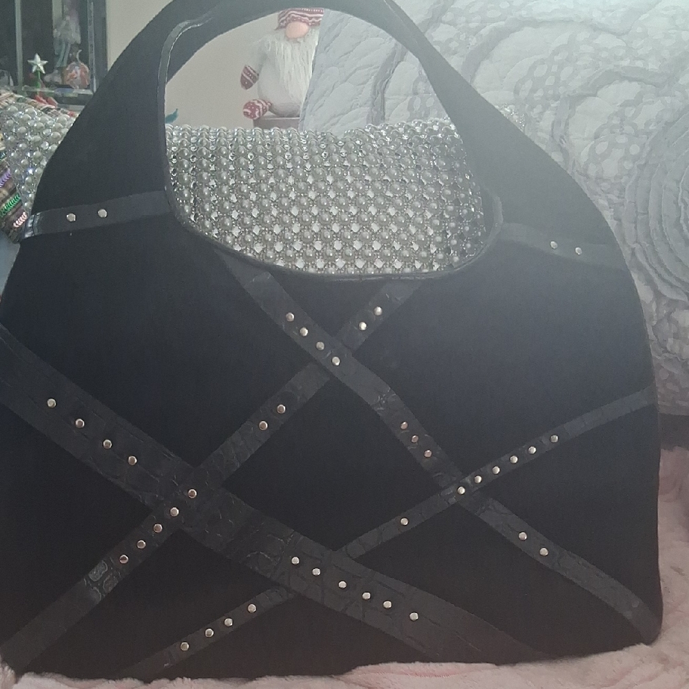 Donald Pliner Black Studded Leather & Suede Crisscross Tote or Shoulder Bag
